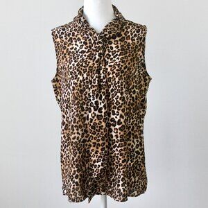Tahari Brown Leopard Print Scarf Bow Sleeveless Blouse Top Medium